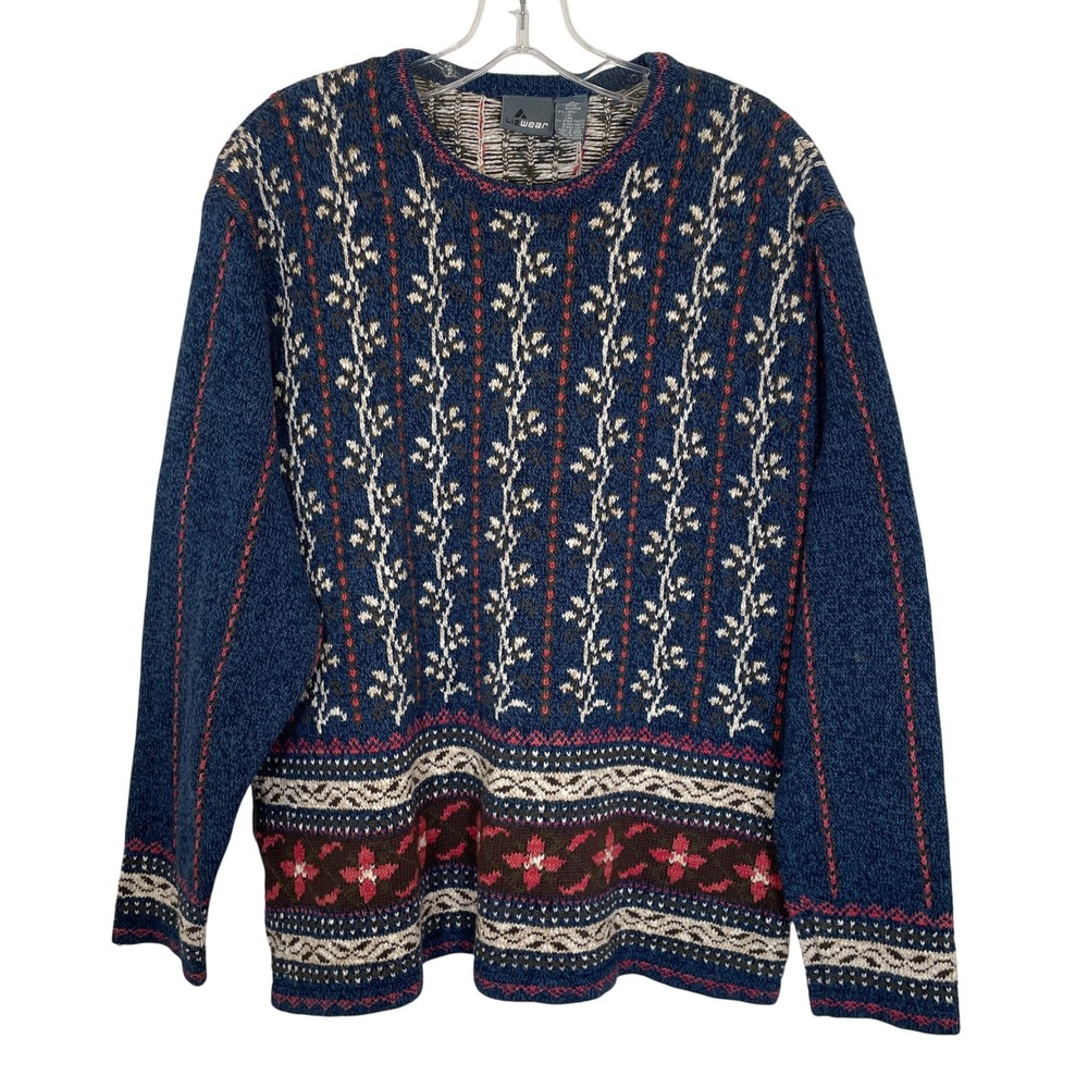 Vintage Lizwear Liz Claiborne Sweater Blue Floral Knit Cotton Cottagecore M